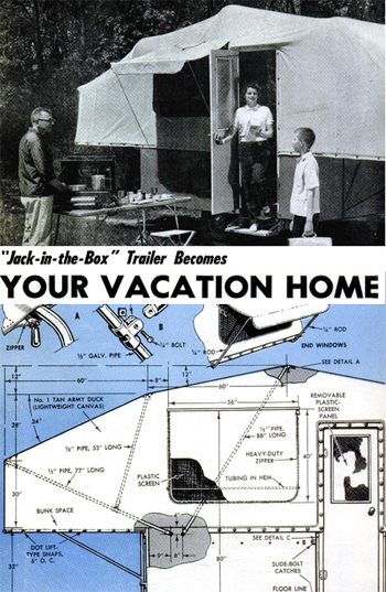 Photo and diagram on the cover of vintage pop up tent trailer DIY plans and instructions.