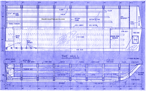 Shanty boat elevation and plan view of the hull.