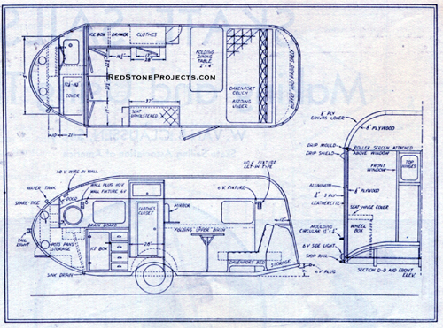 Trailer plan and elevation view of interior appointments and exterior finish details