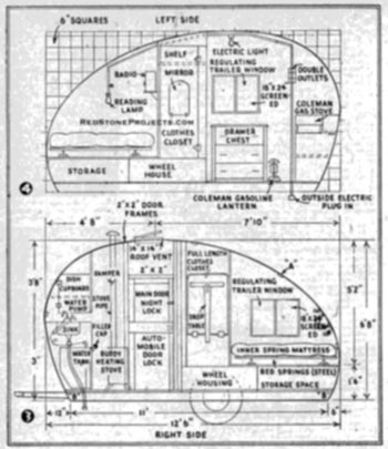 Trail Scout trailer plan views of the trailer sides showing interior and exterior layout with dimensions.