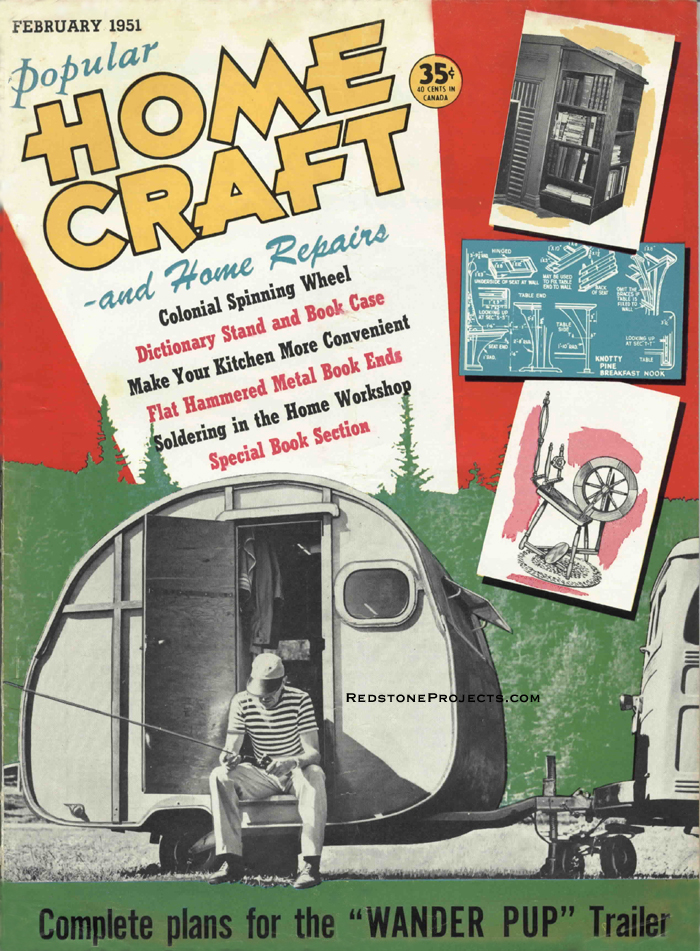 Popular Home Craft February 1951 cover, complete plans for a two-place sportman's trailer Wander Pup.