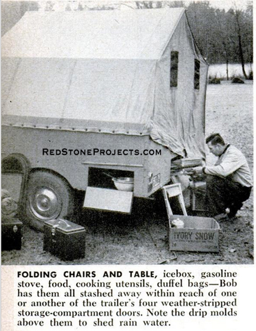 FOLDING CHAIRS AND TABLE, icebox, gasoline stove, food, cooking utensils, duffel bags - Bob has them all stashed away 
within reach of one or another of the trailer's four weather stripped storage compartment doors. Note the drip molds above them to shed rain 
water. 