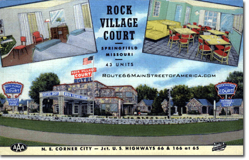 Rock Village Court postcard featuring a red sign above the office with red framed street signs.