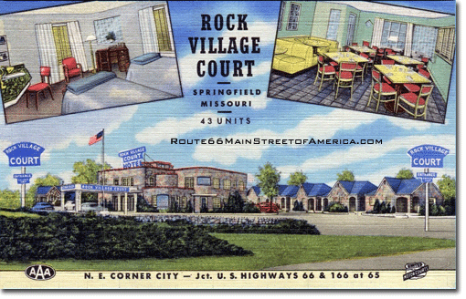 Rock Village Court postcard with cabin and cafe interior insets.