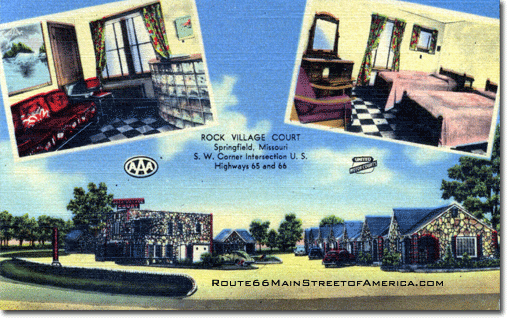 Rock City Court postcard showing glass brick bar and twin bed cabin interior