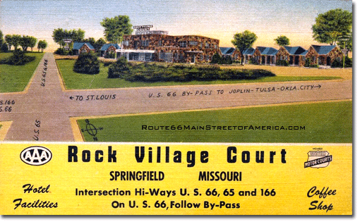 Rock Village Court postcard showing ajoining street names.