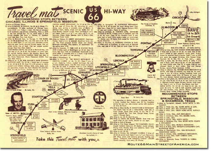 Route 66 Travel mat with route, guide, attractions and recommended stops from Chicago, IL to Springfield, MO