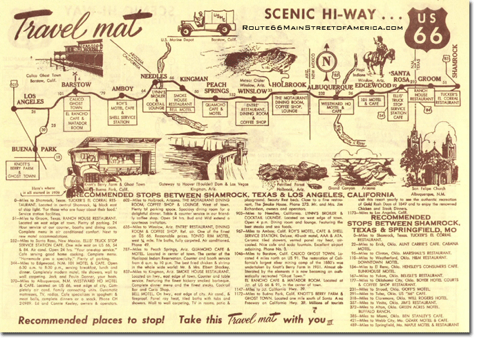 Route 66 Travel mat with route, guide, attractions and  recommended stops from Shamrock, TX to Los Angeles, CA.