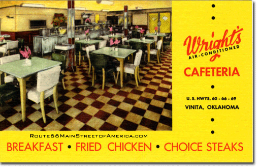 Postcard of Wright's Cafeteria interior U.S. Highway Route 66