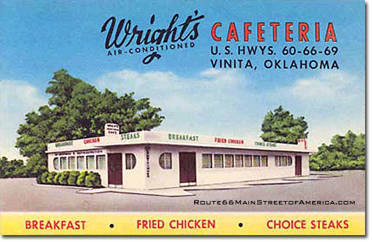 Postcard of Wright's Cafeteria exterior U.S. Highway Route 66