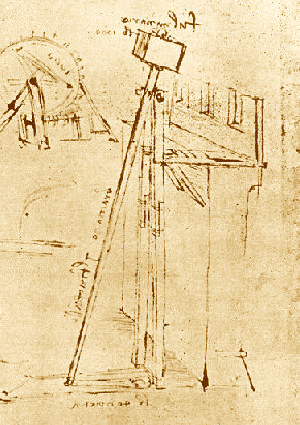 A sketch from Leonardo da Vinciâ€™s notebook illustrating a fixed counterweight trebuchet for long range fortress defense.