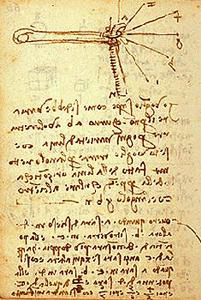 A scan of Leonardo Da Vinci's notebook showing his studies of the trebuchet sling release mechanism.