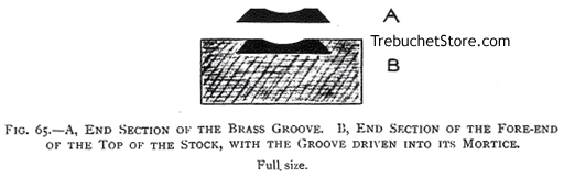 A, End Section of the Brass Groove. B, End Section of the Fore End of the Top of the Crossbow Stock, with the Groove Driven into Its Mortise.