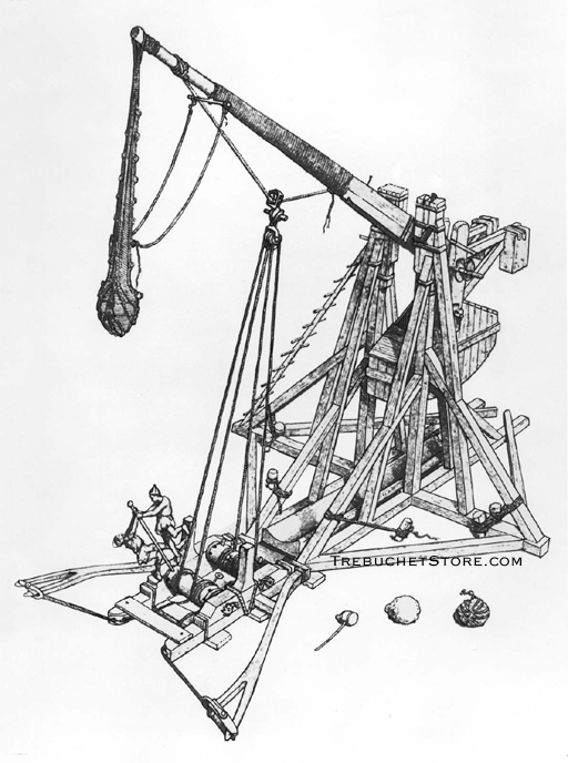A hinged counterweight trebuchet showing the counterweight, beam, sling and winching mechanism.