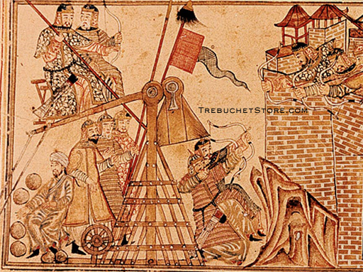 Side view of a hinged counterweight trebuchet being wound down into the cocked position using a wheel while archers provide covering fire for the trebuchet crew.