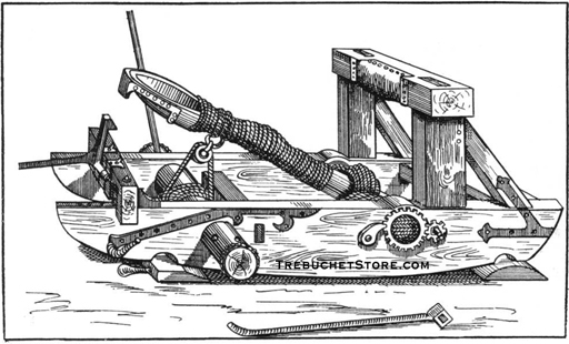 Side view of a torsion powered mangonel catapult in the  cocked position.