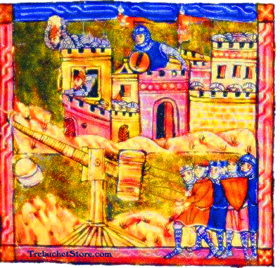 Besiegers employ a traction trebuchet against a castle, while the besieged take cover and drop rocks in defense.