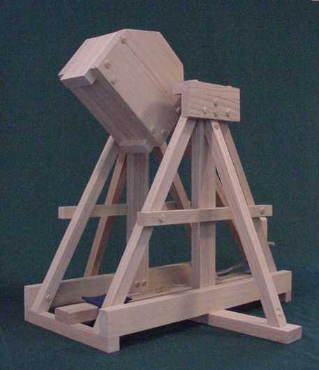 Trebuchet in the cocked position showning the raised counterweight cabinet