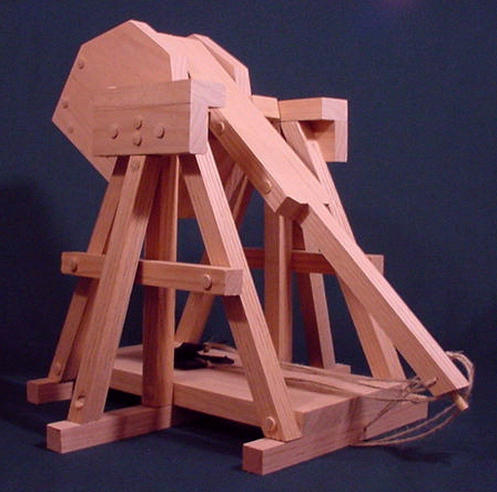 Back view of the da vinci catapult showing the beam, release pin and trigger