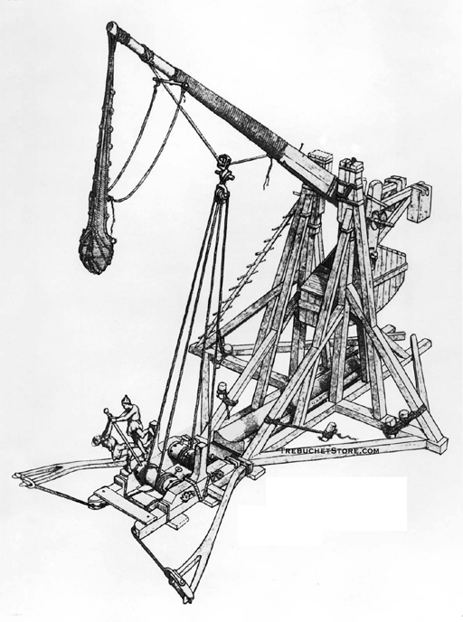 Rear view of a gravity powered hinged counterweight trebuchet being winched down into the cocked position.