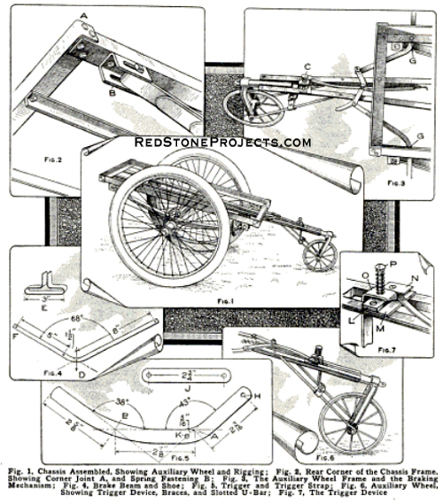 Motorcycle pull behind camping trailer chassis assembly with dimensions.