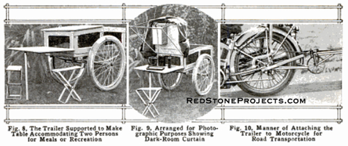 Vintage motorcycle camping trailer setup and hitch assembly.