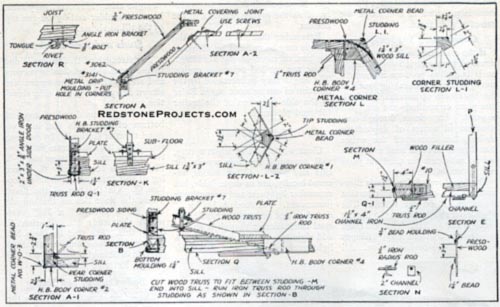 Vintage camping trailer roof and joint construction detail illustration.
