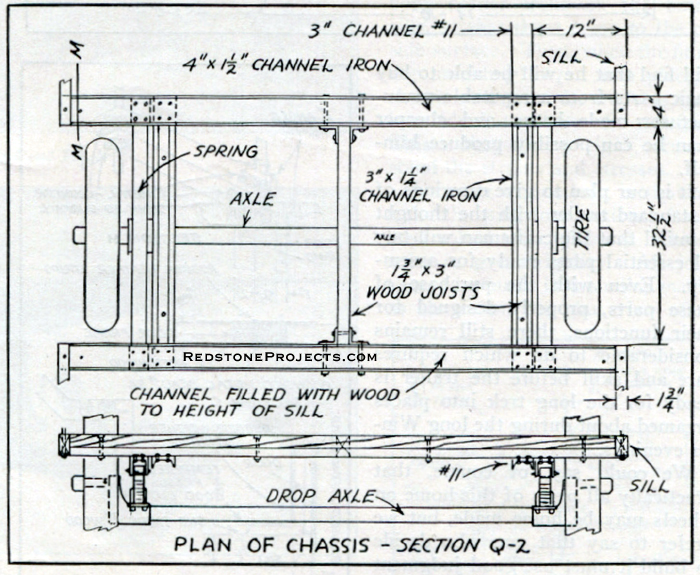 Plan and elevation view of trailer chassis and suspension.