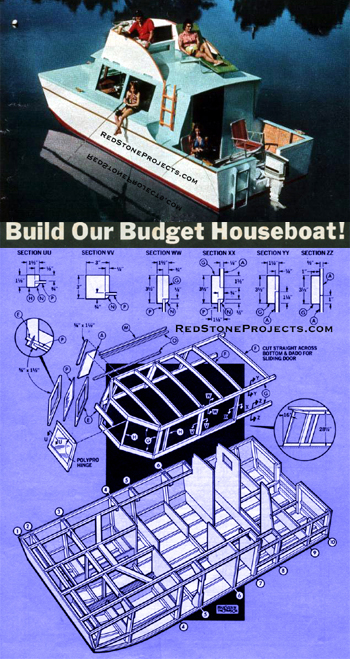 Restored PDF copy of vintage 20 foot budget houseboat plans with enhanced and enlarged figures and illustrations and searchable text free version.
