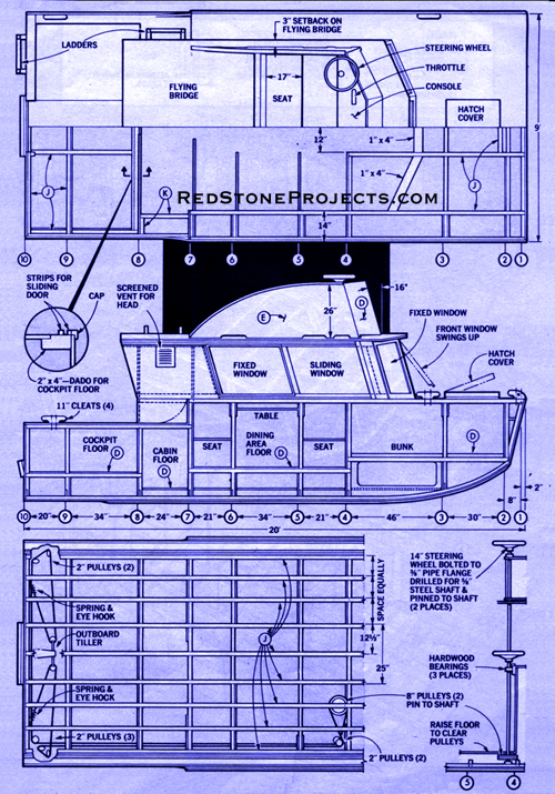 Budget houseboat plan and elevation view showing stations.