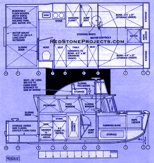 Budget houseboat plan and elevation view showing outfitting.