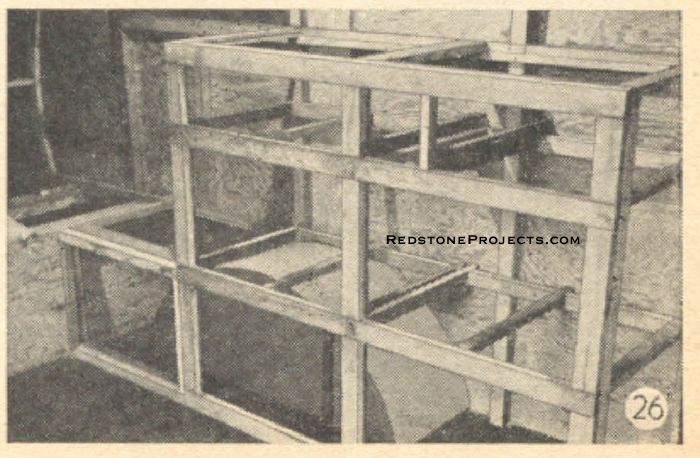 Fig. 26. Close-up of framing for galley and cabinets. Joints shown are made with T & G flooring strips.