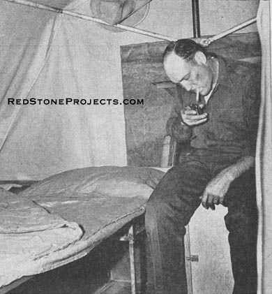 The 7-ft. 7-in. x 9-ft. 6-in area of the trailer afford ample living space and the headroom is six feet or more over all walking area. 1/8-in. x 1-in. x 1-in. angle iron leg and stove support frame more than conpensates for the cutaway area of the shelf. You're plenty comfortabe.
