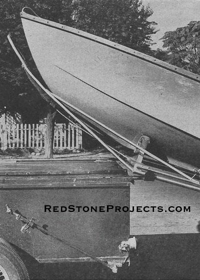 Lower frame members of the dolly are of 1-in. pipe, the upper ones - spaced 1/2-in. above - are of 1/2-in. pipe as the 6-foot long tongue and tongue-to-frame support braces. bow and stern boat cradles rest on 3/8-in x 4-in. flat bar iron cross members welded to 1-in pie, though 1/4-in. x 2 in. angle iron would be lighter. Here frame is in position to be shoved into and along the 1 1/2-in. pipe halves welded the the trailer wings 41-in. apart on centers.