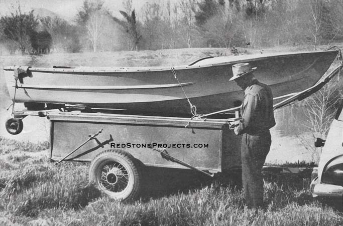 Boat and dolly ride firm and tready atop the trailer at all speeds. Dolly is tied to glides with rope at the rear, clamped to them with U-bolt clamps at the bow. With a canvas boat cover in place, wind resistance is at a minimum and both the boat and the road behind you are always clearly visible in the rear vision mirror.