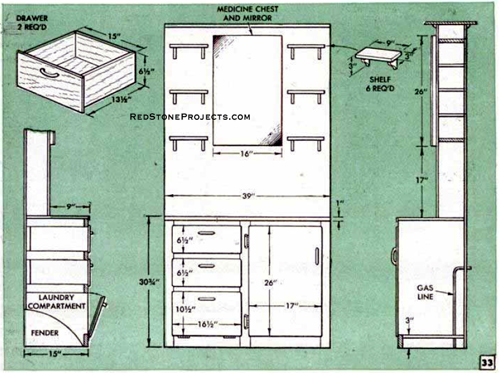 Construction details of a bathroom vanity of a vintage travel trailer.