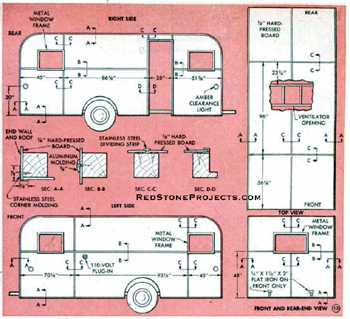 Templates with dimensions for the exterior skin panels for a vintage camping trailer.