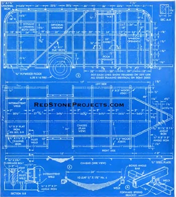 Blueprints of the coach and chassis of a 17 foot vintage 1947 DIY travel trailer.