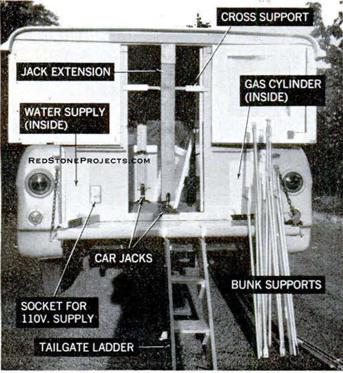 Raise the roof, using bumper jacks and extension supports at each end. Top door opens out, bottom door inward, to let you exit over tailgate if necessary.