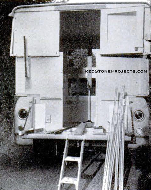 Support raised roof inside with flip-up braces, outside with bolted on safety brackets. Stairs and bunk supports store inside camper when not in use.
