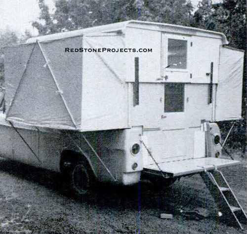 Enclose the camper by attaching plastic, or canvas curtains around the side bunks. Snap buttons hold them securely. Windows open to provide ventilation.