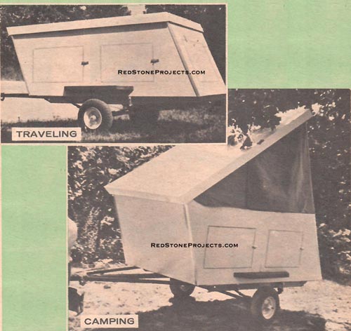 INEXPENSIVE  and easy to build folding camp trailer is always ready to go. Biggest advantage of this easily constructed rig is the ample storage space that eliminates the need to pack and unpack for each trip. Conversion takes 10 seconds.