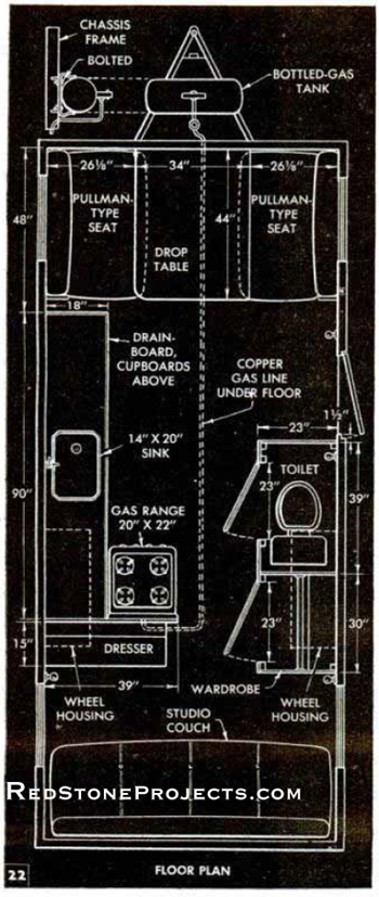 Floor plan with dimensions for a vintage 17 foot travel trailer.