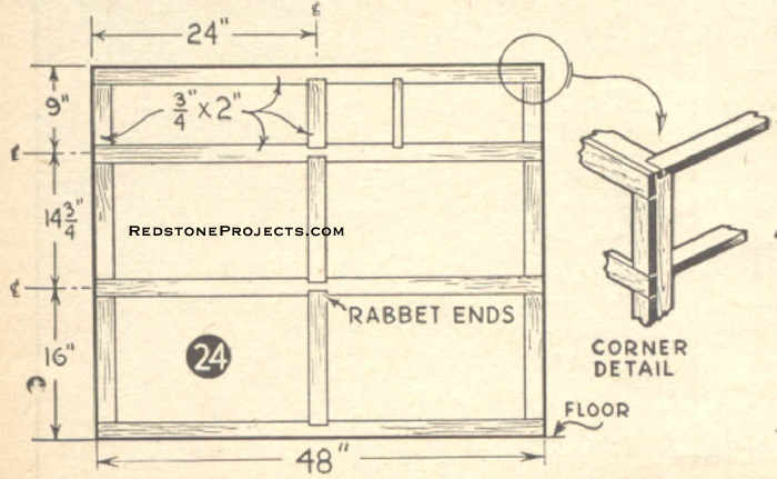 Fig. 24. Front view of framing and corner detail of galley, with space for stove and sink.