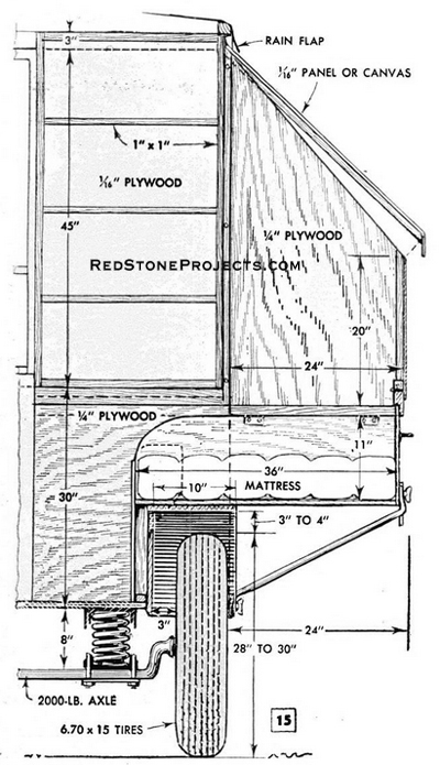 Elevation view of the dimensions and construction of a trailer body and slideout.