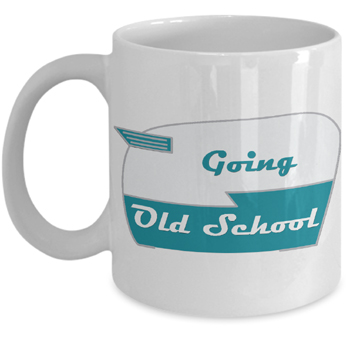 Going Old School canned ham trailer bllue and white two tone ceramic mug