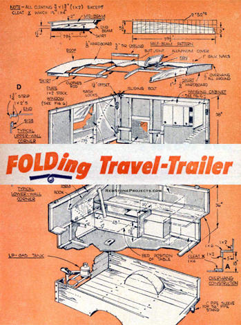 Plans for a hardside pop-up camper built on a utility trailer.