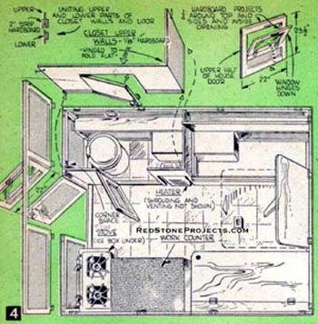 Floor plan and door and window construction details for a hardside pop-up camping trailer.