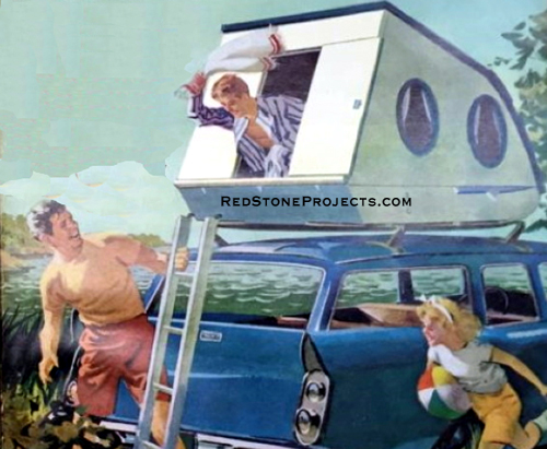 IIlustration of a family camping in a hardsided pop-up car roof mounted pop-up sleeper