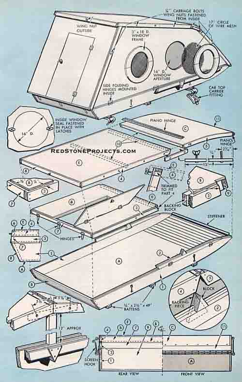 Assembly drawing for a vintage hardsided roof top sleeper camper low resoluton view